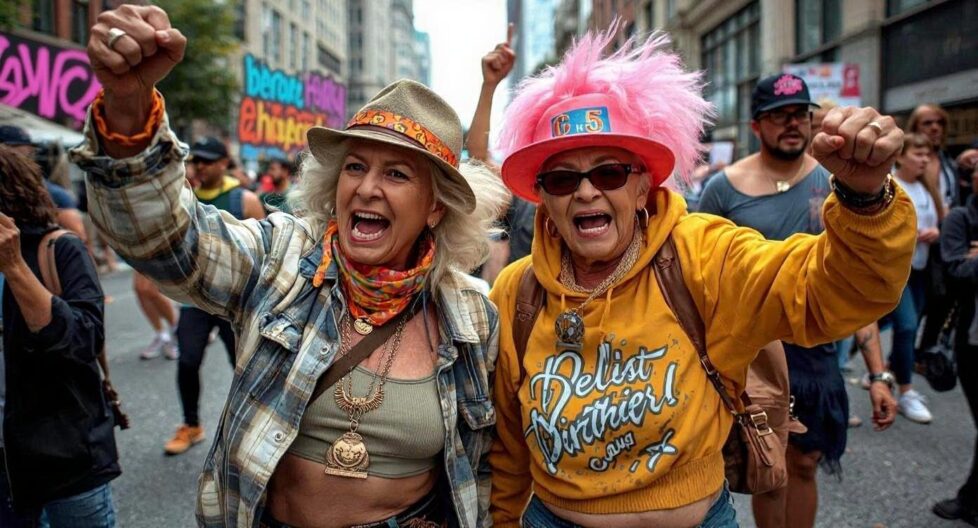 Reb mamie militantes défilent dans la rue 